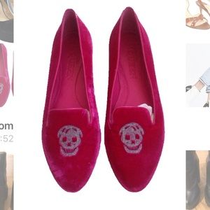 Alexander McQueen hot pink velvet skull loafers